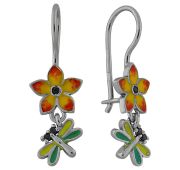 2113093 Серьги детские цветочки со стрекозками с эмалью (Серебро 925)